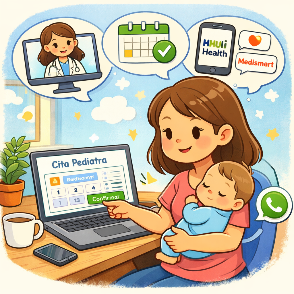 Madre agendando una cita con pediatra especializado desde su computadora mientras sostiene a su bebé